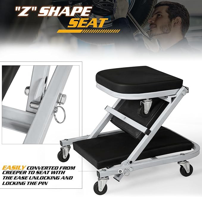 Magshion Garage Creeper Seats on Wheels, Length 40" 330 lbs Capacity 2 in 1 Folding Mechanic Creeper Garage Stool Lay Down or Sit (Gray)