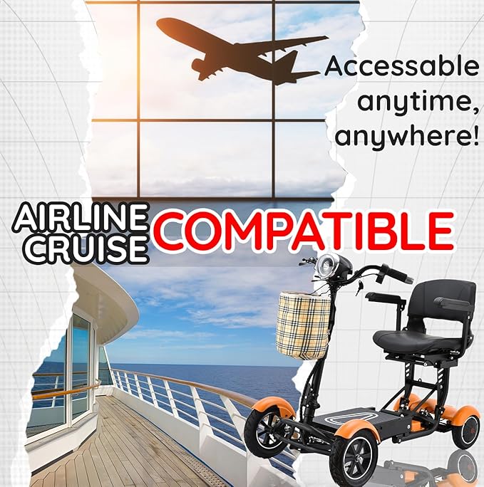 Dragon Mobile EX 4 Wheel Foldable Mobility Scooter for Adults, Elderly & Travel - All Terrain Aluminum Alloy Power Wheelchair with Premium Large Seat - Front Basket Included (Matte Orange)