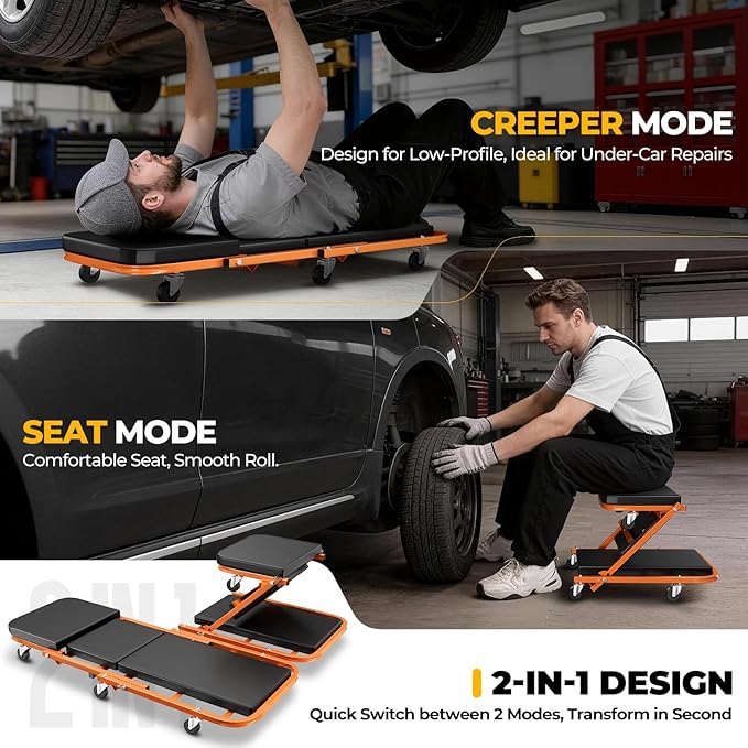 Auto Dynasty 40" Z-Creeper Seat, 2-in-1 Foldable Garage Creeper Shop Seat, 330 LBS Capacity Automotive Mechanic Repair Under Car Rolling Creeper Seat, Orange