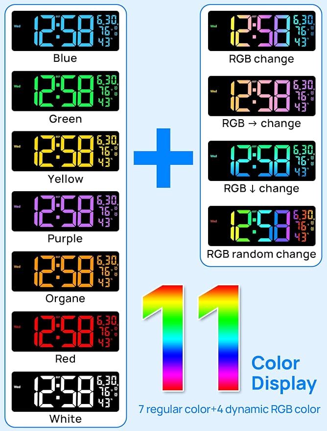 MASHI 17.3" Large Digital Wall Mount Clock, Digital Clock with Remote Control, Alarm, Big LED, RGB Color, DST, Temperature for Living Room Classroom Desk, Bedroom, Decor, Gift for Elderly (RGB)