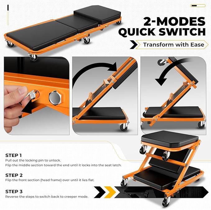 Auto Dynasty 36" Z-Creeper Seat, 2-in-1 Foldable Garage Creeper Shop Seat, 330 LBS Capacity Automotive Mechanic Repair Under Car Rolling Creeper Seat, Orange