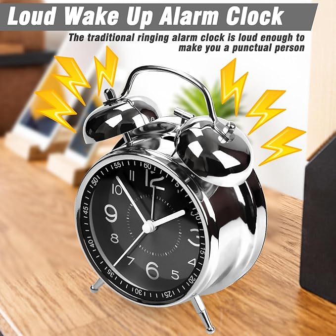 AYRELY Super Loud Alarm Clock for Heavy Sleepers Adults,Twin Bell Retro 4 Inch Silent Non-Ticking Quartz with Backlight, Metal dial, Alarm Clocks for Bedrooms Bedside (Black)