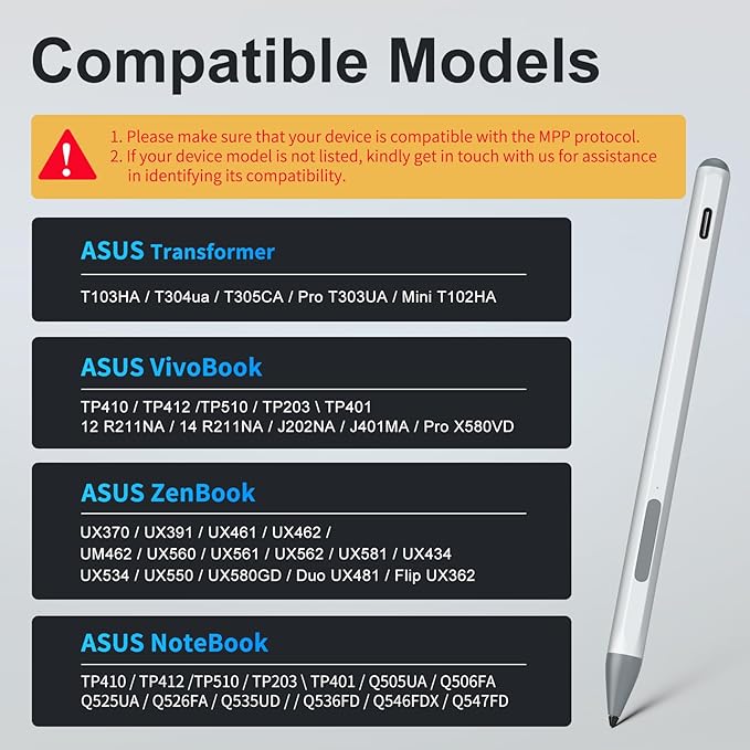 Stylus Pen for ASUS Transformer/Mini/ASUS Zenbook Flip/Pro/ASUS Vivobook Flip/Pro/Duo/ASUS Notebook, Rechargeable MPP 2.0 Tilt Active Pen with 4096 Pressure Sensitivity, Tpye-c Charge, Silver