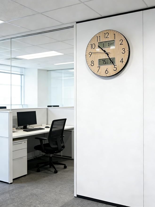 Nbdeal 13-Inch Analog Silent Wall Clock with Calendar Temperature & Humidity (Natural)