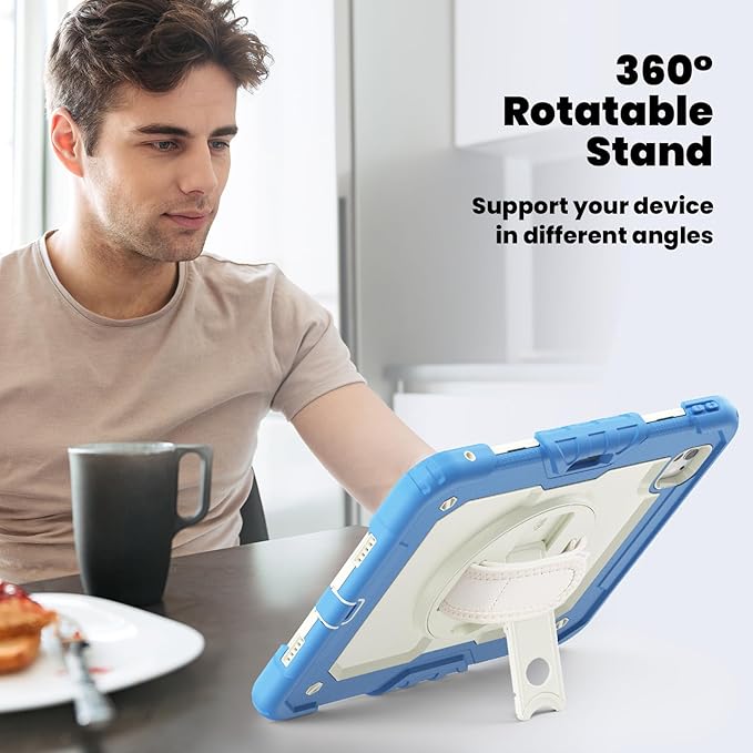 Dteck for iPad Pro 11 inch (M4/M5) 2024/2025 Release Shockproof Case with Screen Protector/Stylus Pencil Holder/Rotating Kickstand/Grip Hand Strap, Heavy Duty Protective Rugged Tablet Cover, Blue