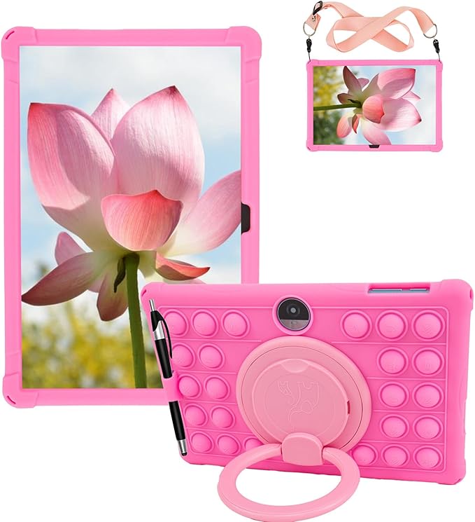 Silicone Tablet Case 360 Rotating Stand/Handle and Shoulder Strap Stylus Pen Soft Cover Compatible with COLORROOM/TUOHAITIME/JIKOCXN/WXUNJA C5 11 inch Pink
