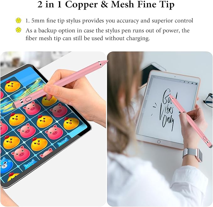 Stylus Pen for Touchscreen, Kenkor Rechargeable Digital Fine Point Active Tablet Pencil, Stylus Pen for iPhone/Android/Apple iPad Pro/Air/Mini/Samsung/Cellphone/Tablet Drawing & Writing - Pink