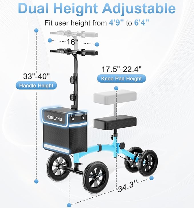 HOMLAND Knee Scooter Walker for Adults Foot Injuries Ankle Surgery, Foldable Steerable Leg Scooters with Dual Handbrake, Height Adjustable Handle & Knee Pad, Removable Storage Bag, 300 lbs Capacity