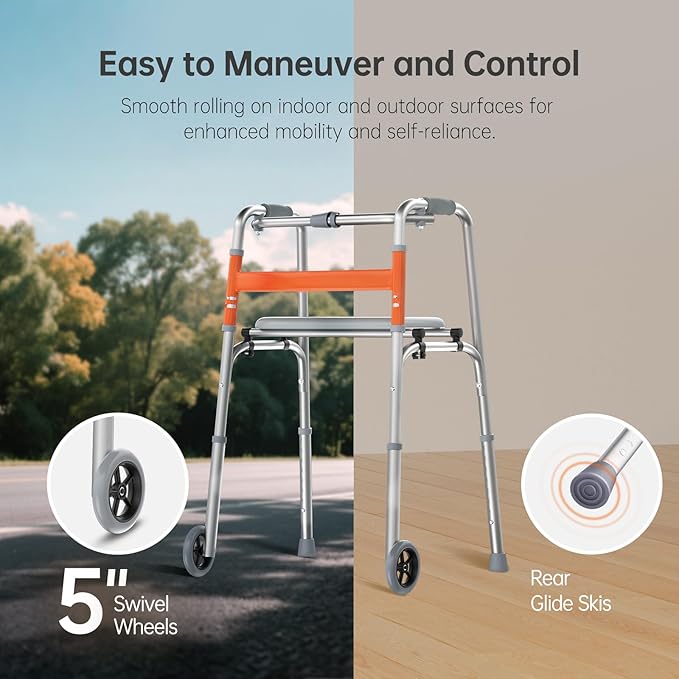 Nihhcune Lightweight Folding Walker for Adults/Seniors, Compact Rolling Mobility Aid with Wheels & Detachable Seat, Height Adjustable Aluminum Rollator Walker Space-Saver Travel Design No Installation