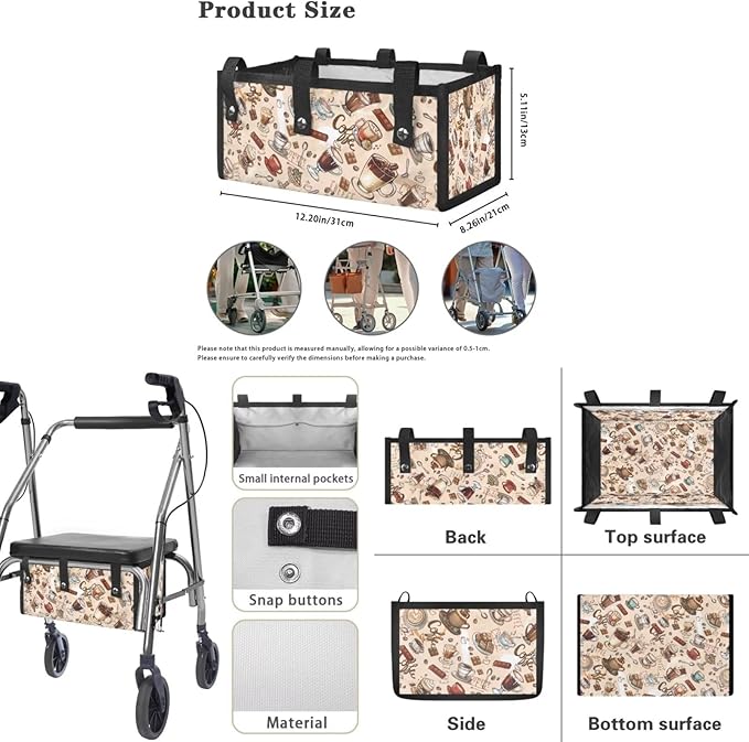 3 Pcs Sets Rollator Walker Accessories Coffee Print Universal Fit Walker Seat Cover Rollator Walker Seat & Backrest Covers, Rollator Storage Under Seat Bag