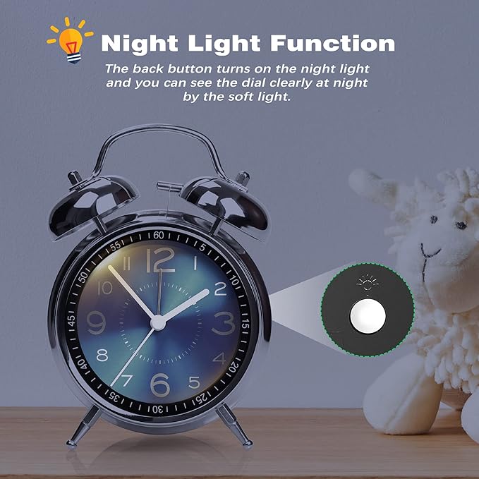 AYRELY Super Loud Alarm Clock for Heavy Sleepers Adults,Twin Bell Retro 4 Inch Silent Non-Ticking Quartz with Backlight, Metal dial, Alarm Clocks for Bedrooms Bedside (Blue)