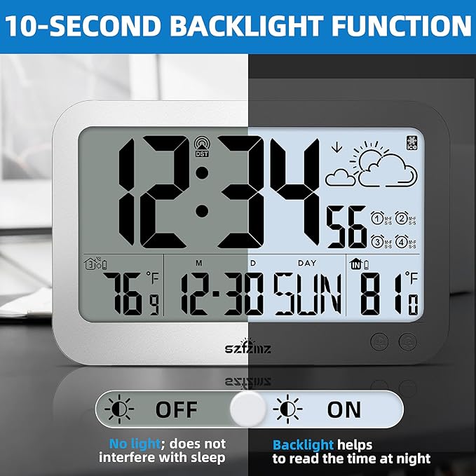 Atomic Clock, 10" Digital Clock Large Display, Wall Clocks Battery Operated with Backlight, Wireless Outdoor Sensor, Alarm Clock Indoor Outdoor Temp, 4 Time Zones, Auto DST, Clock for Bedroom (Sliver)