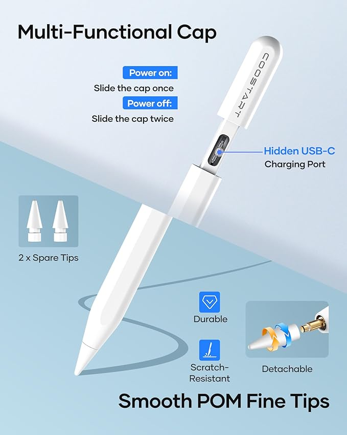 Stylus Pen for iPad 2018-2025, 5 Mins Ultra Fast Charge, Palm Rejection, Compatible with iPad 11th-6th Gen, iPad Pro 12.9"/11"/M4, Air 5/4/3/M2/M3, Mini 6/5 Gen, White