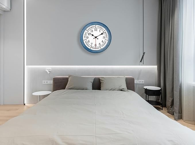 JENLYSTIME 12 Inch Retro Wall Clock,Classic Day of The Week Wall Clock,Silent Non Ticking Battery Operated Movement(Blue)