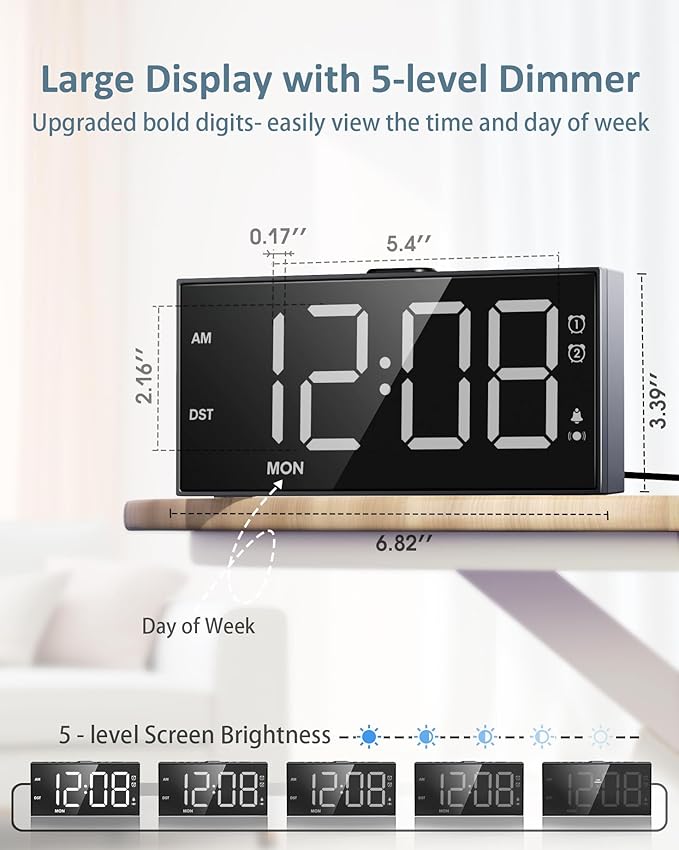 Roxicosly Vibrating Alarm Clock with Bed Shaker for Heavy Sleepers, 3-Level Vibration, Dual Alarms with Weekday & Weekend Mode, Large Digits, Dimmer, Snooze, USB Charger, Battery Backup