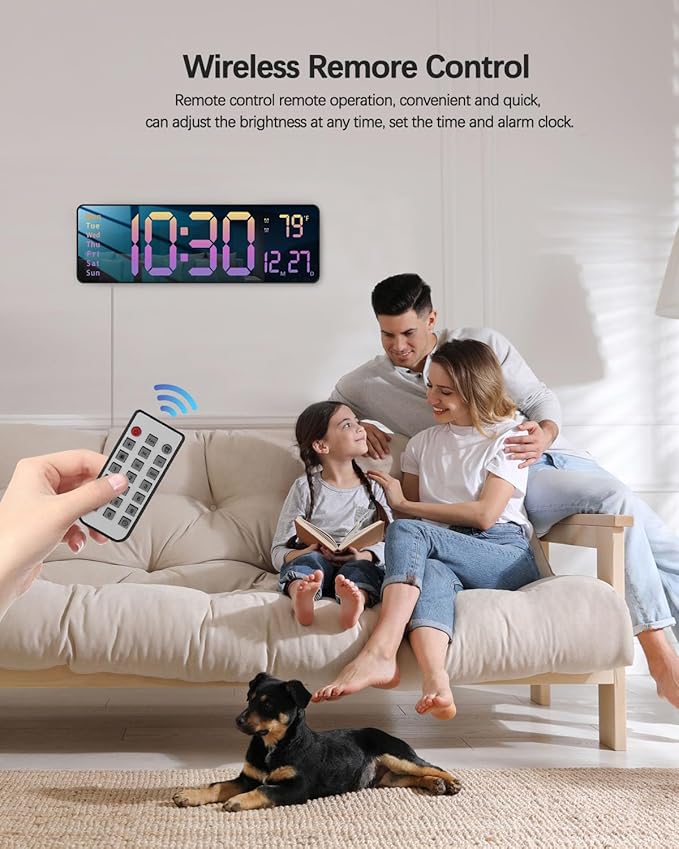 JoFomp Modern 16" Large Digital Wall Clock with Remote Control, LED Display, Auto-Dimming, Countdown, Temperature, Calendar - 12/24Hr Format - Silent Wall Clock for Home, Office (Gradient Pink)