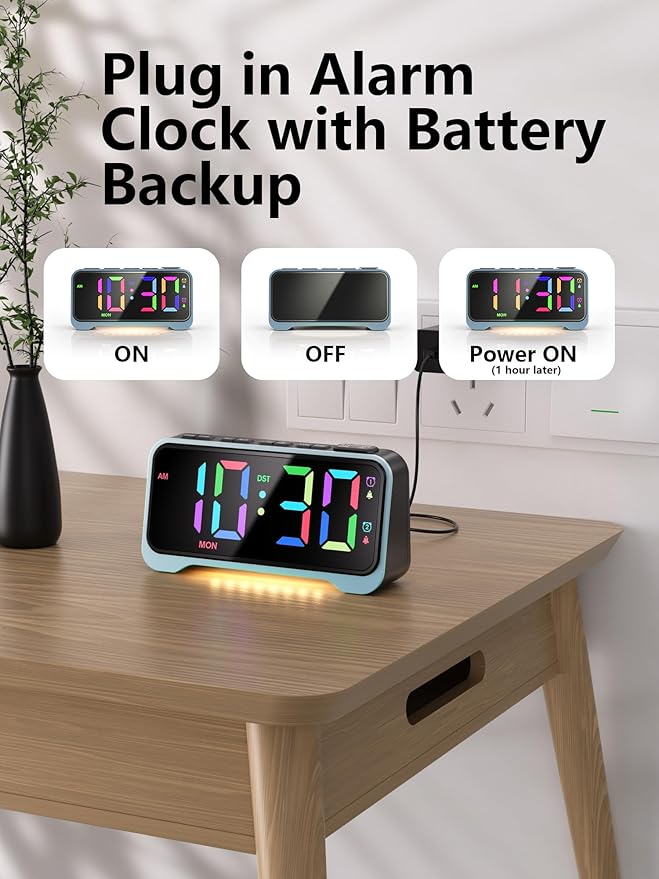 Digital Alarm Clock with RGB Display for Kids & Teens, Dual Alarms, Adjustable Volume, Night Light, USB Charging, Snooze, Battery Backup, for Bedroom, Nursery, Dorm, School