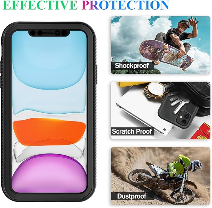 wahhle Compatible with iPhone 11 Case, Built in Screen Protector Full Body Shockproof Slim Fit Bumper Protective Phone Cover 6.1'' Men Women-Black/Clear