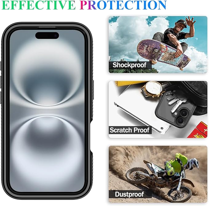wahhle Compatible with iPhone 16 Case, Built in Screen Protector Full Body Shockproof Slim Fit Bumper Protective Phone Cover 6.1'' Men Women-Black/Clear