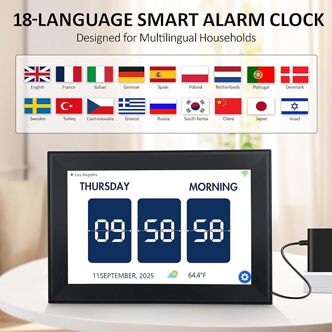 WiFi 10.1 Inch Digital Alarm Clock for Seniors, Large Display with Day/Date Smart Touchscreen Electronic Calendar 64 Alarms 64 Reminders Dementia Alarm Clock for Elderly（Black）