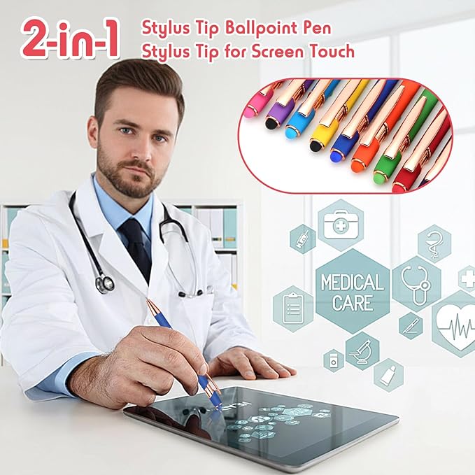 Yeaqee 100 Pieces Ballpoint Pen with Stylus Tip Click, 2 in 1 Black Ink, 1.0 mm Medium Point Stylus Metal Pen for Touch Screen Tablet (Bright Colors)