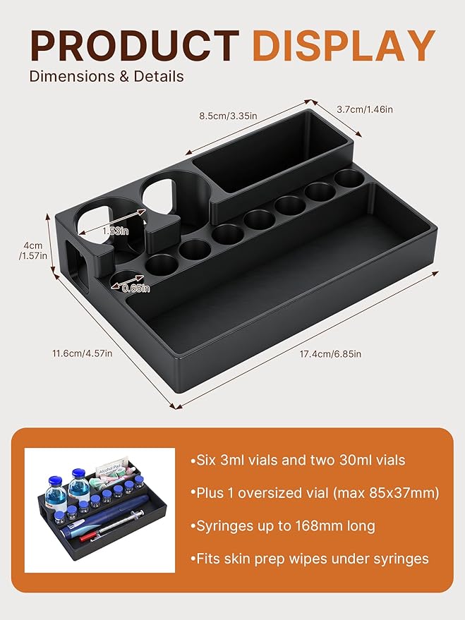 Peptide Case for Fridge – 3ml & 30ml Vial Storage Case with Space for Syringes & Prep Wipes, Heavy Duty Vial Holder Case Suitable for Fridge and Freezer (Black)