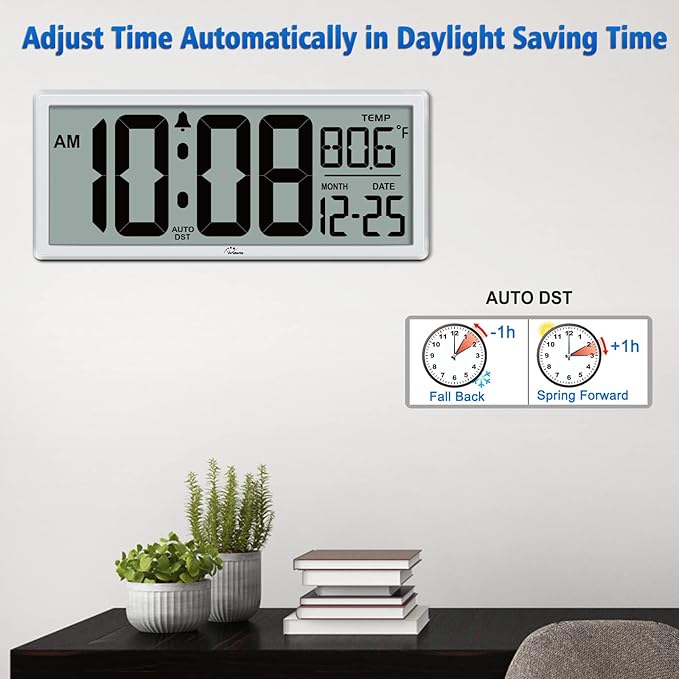 WallarGe 14.5'' Large Digital Wall Clock Battery Operated with Jumbo Numbers, Temperature and Date - Easy to Read and Set, Auto DST