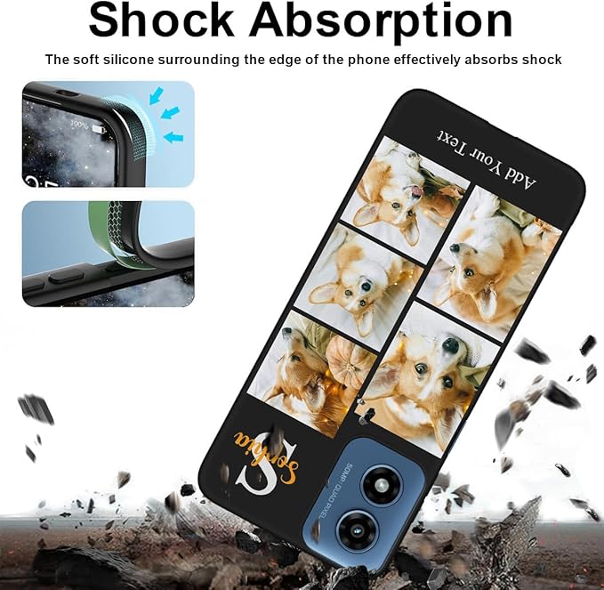 Personalized Picture Case for Motorola Moto G Play 2024 Customized Name Initials Phone Cover, Custom Multi-Picture Collage Shock-Resistant Soft Protective TPU Case, Gifts for Mother's Day, Black