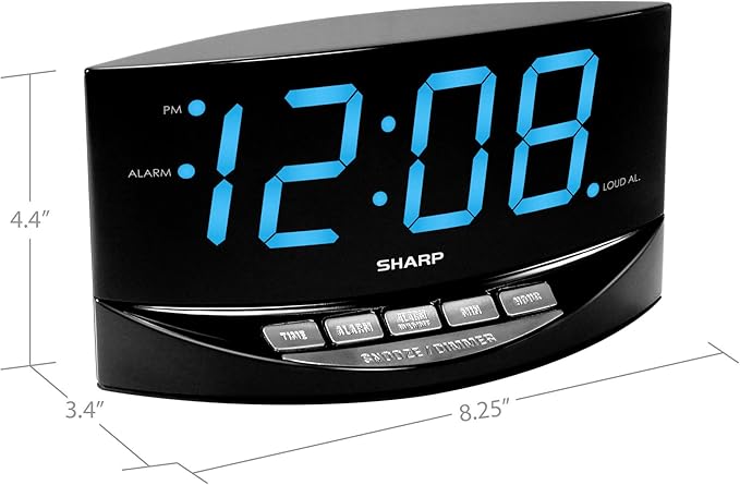 Sharp Easy to See Alarm Clock with Jumbo 2” Numbers - Bright Blue LED Display - Easy Set-up & Simple to Use –See from Across the Room! - High/Low Alarm Volume