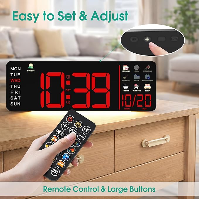 Hoifen Clock with Day and Date for Seniors, 16" Large Display Digital Calendar Dementia Wall Clock for Memory Loss with Time Periods & Task Reminders, Remote Control, Night Light, Auto Dim&DST (Red)