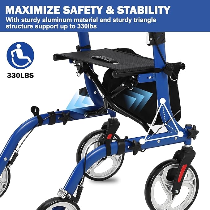Rollator Walker for Seniors, Lightweight Foldable All Terrain Rolling Walker with seat,12" Rubber Wheels for Smooth Outdoor Use, Compact Folding Design,Height Adjustable 34"-40" for All Users.