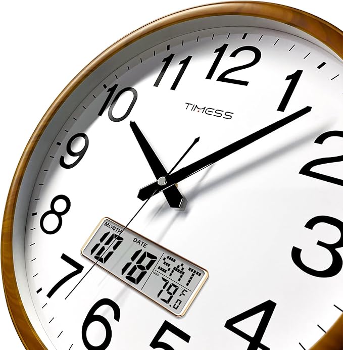 TIMESS Wall Clock, Classic Wood Style Finish, 16 Inch Non-Ticking Silent Battery Operated Quartz Analog with Perpetual Calendar and F° Temperature Display, Home, Office Décor (Wood Yellow)