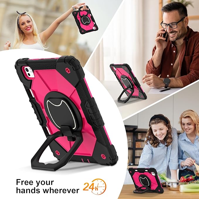 Dteck for iPad Pro 11 inch (M4/M5) 2024/2025 Release Shockproof Case with Shoulder Strap/Pencil Holder/Rotating Kickstand Handle, Heavy-Duty Sturdy Rugged Cover, Protective Tablet Shell, Black Rose