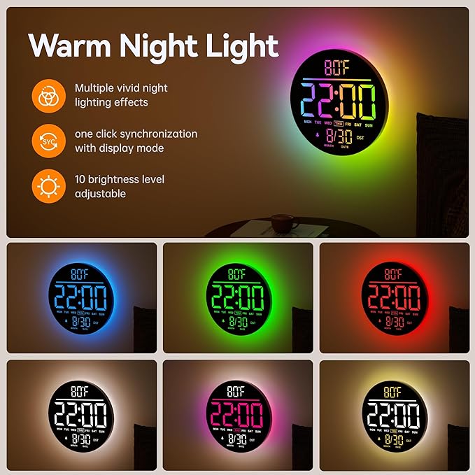 JALL 10" Large Digital Wall Clock with Seconds, Alarm Countdown Timer, Big LED Display, RGB Color, DST, Temperature, Mounted for Bedroom Living Room Office Classroom Gym, Xmas Birthday Gift, Green