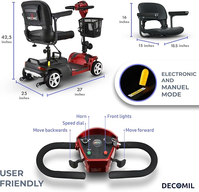 DECOMIL Mobility Scooter for Seniors – 20 Miles Range, 4 Wheel Foldable Electric Scooter, 24V 20Ah Battery, 300W Motor, 285 lbs Capacity, Travel Scooter with USB Charging Input,