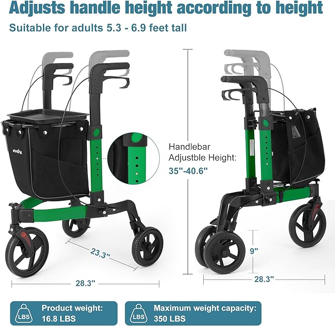 3 Wheel Walkers for Seniors, Foldable Rollator Walker with Tray & Large Storage Bag, 10" Big Wheel for All Terrain, 350 lb Weight Capacity, Green
