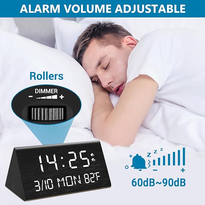 Kogonee Wooden Digital Alarm Clock, 0-100% Dimmer, 2 Alarm Settings, Weekday/Everyday Mode, 9 Mins Snooze, 12/24H, Temperature and Date Display for Office, Travel, Bedroom Alarm Clock (Black)