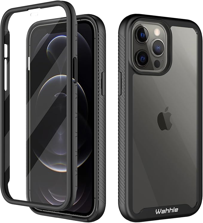 wahhle Compatible with iPhone 12 Pro Max Case, Built in Screen Protector Full Body Shockproof Slim Fit Bumper Protective Phone Cover 6.7'' Men Women-Black/Clear