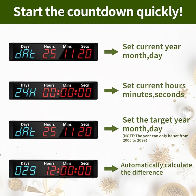 LUCKY TIME Christmas Countdown Clock with RGB Color | 999 Days LED Countdown Clock with Auto Date Calculator & Direct Days Input, Large Display for Christmas Holiday Retirement Wedding Event