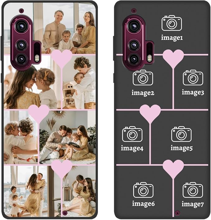 Personalized Photo Case for Motorola Moto Edge Plus 2020 6.7 inch, Thin Slim Soft Rubber Black Phone Cover, Custom Picture Collage Pink Heart Cute Case for Women Girl, Gift for Birthday Anniversary