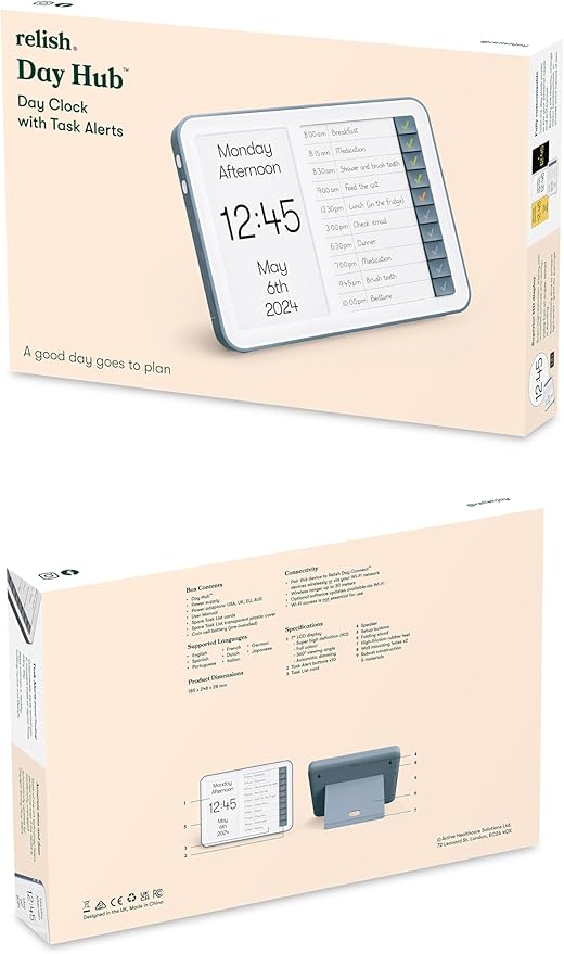 Relish Day Hub Dementia Clock HD Large Screen Digital Calendar for Seniors with Memory Loss