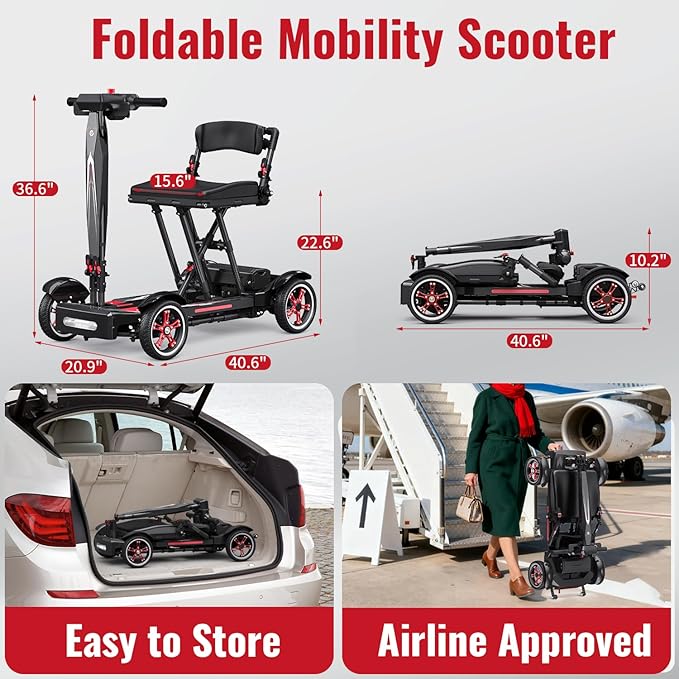 39 Lbs Mobility Scooters for Adults & Seniors Foldable - Lightweight Carbon Fiber Folding Electric Scooter, All-Terrain Powered Wheelchair, Convenient for Travel, Shopping, Airline Approved
