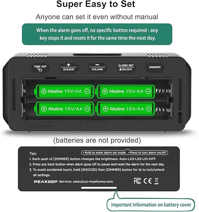 Peakeep Small Battery Powered Digital Alarm Clocks for Bedrooms Bedside, Cordless Tiny Travel Portable Desk Clock, Large Numbers Auto Dimmable, LED Display 4 Dimmers, 5 Alarm Volumes