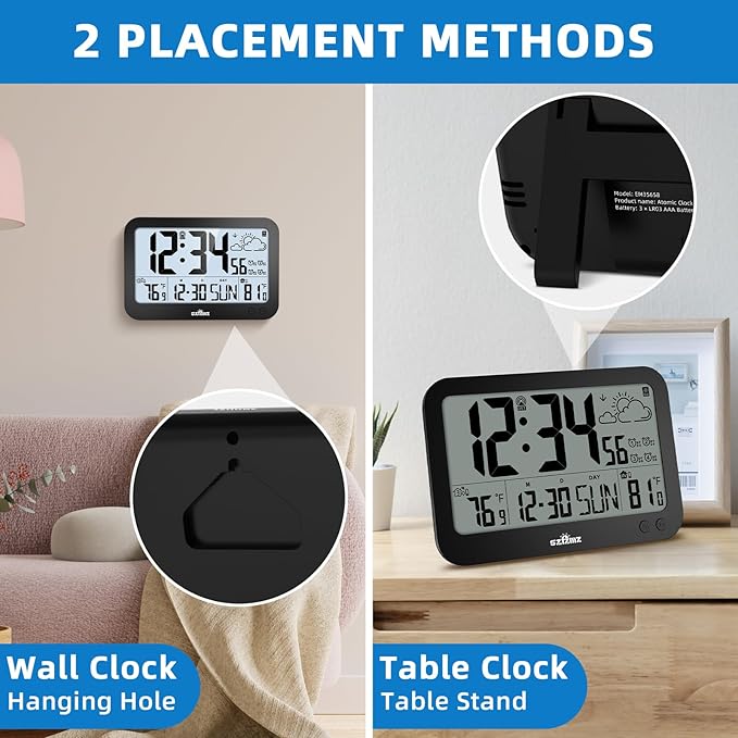 Atomic Clock,10" Digital Clock Large Display, Wall Clocks Battery Operated with Backlight, Wireless Outdoor Sensor, Alarm Clock Indoor Outdoor Temp, 4 Time Zones, Auto DST, Clock for Bedroom (Black)