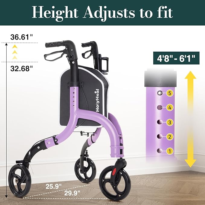3 Wheel Walkers for Seniors, Lightweight Rollator Walkers Foldable for Elderly with Cane Hold and Cup Hold, Height Adjustable Aluminum Three Wheel Rolling Walker Mobility Aid, Purple