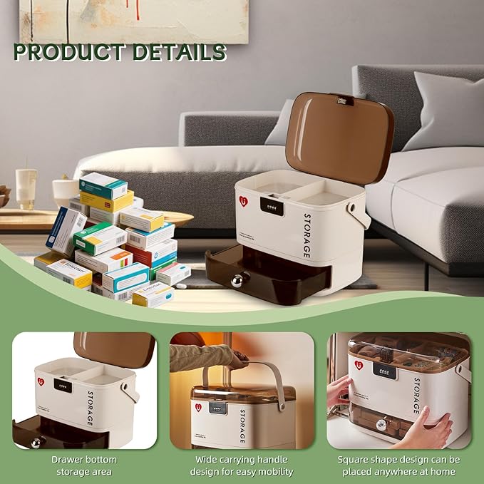 3 Tier Portable Medicine Storage Box with Lock and Drawer, Plastic Medical Case with Handle, Child Proof Safe, for Travel, Home, Bathroom to Organize Pills & Vitamins