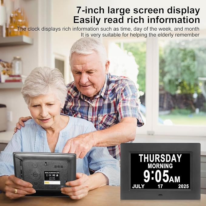 7-Inch Digital Alarm Clock. Displays Time,Day and Month.Features 12 Alarm Settings and 3 Display Modes.Suitable for Elderly Individuals,Those with Memory Impairment or Dementia.Black.