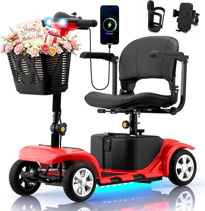 Mobility Scooter for Adults, 4 Wheels Lightweight Scooter, Foldable Mobility Scooter Long Range for Travel, Adults, Elderly, Supports 300 lbs, Powered Wheelchair with Charger & Basket (red red)
