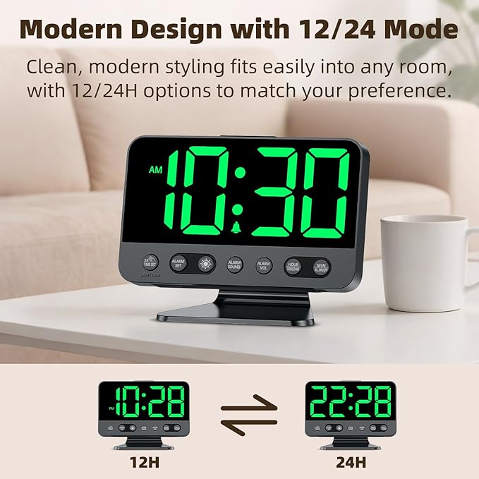 Digital Alarm Clock with Large Numbers for Bedrooms: Bold Display Readable Across The Room with 5 Level Brightness - 5 Alarm Sounds 8 Night Lights for Kids Seniors Teens - Green