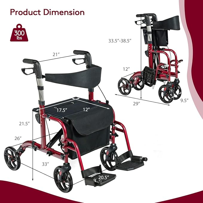 GOPLUS 2 in 1 Rollator Walkers for Seniors, Folding Rollator Walker with Seat, 8-inch Wheel Medical Drive Walker Wheelchair Combo with Backrest, Adjustable Handle for Adults, Aluminium Frame